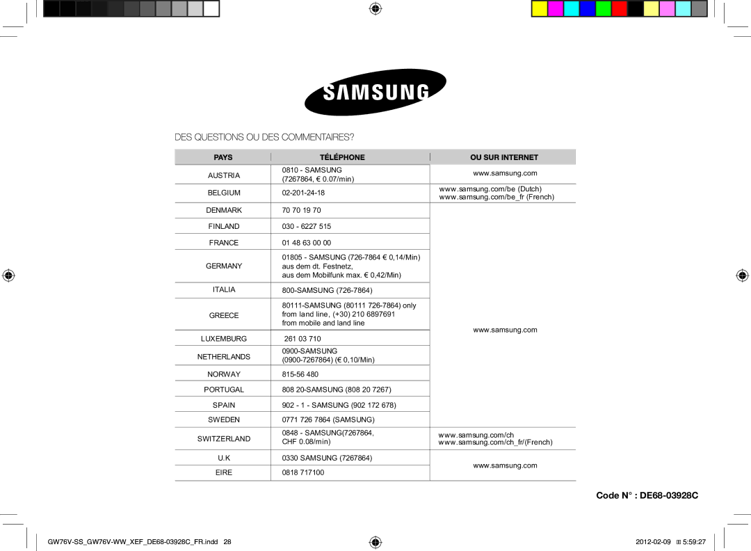 Samsung GW76N-B/XEF manual Code N DE68-03928C 