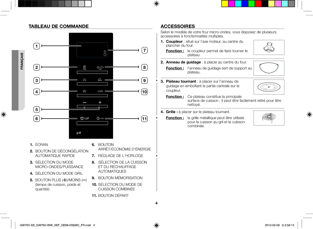 Samsung GW76N-B/XEF manual Tableau de commande, Accessoires, Bouton Plus /MOINS temps de cuisson, poids et quantité 