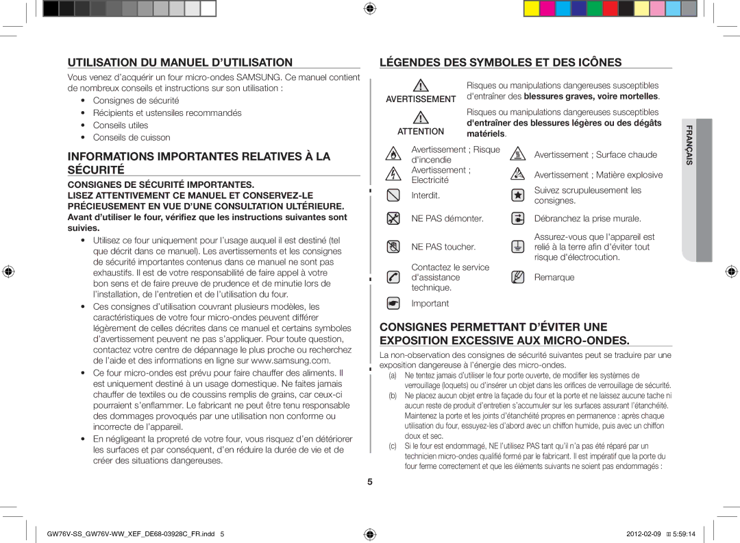 Samsung GW76N-B/XEF manual Informations importantes relatives à la sécurité 