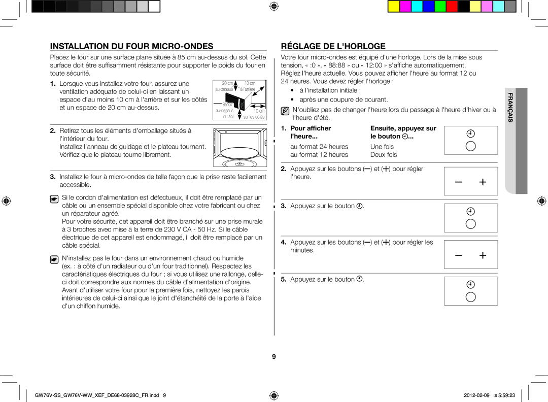 Samsung GW76N-B/XEF manual Installation du four micro-ondes, Réglage de lhorloge, Après une coupure de courant, Lheure dété 