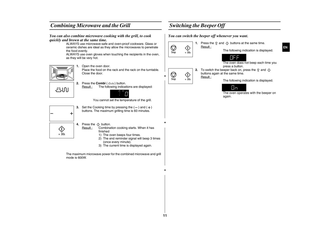 Samsung GW76N/XEH, GW76N-B/XET, GW76N-SP/XEH, GW76N-S/XEO manual Combining Microwave and the Grill, Switching the Beeper Off 