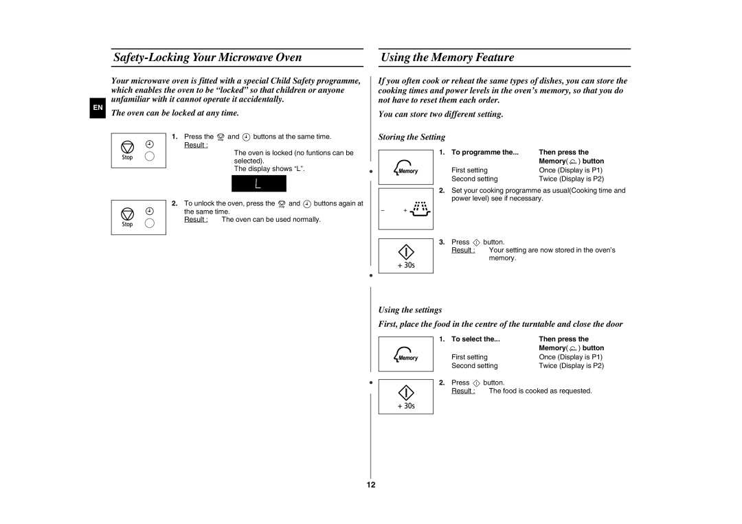 Samsung GW76N-B/XET Safety-Locking Your Microwave Oven Using the Memory Feature, To programme Then press Memory button 
