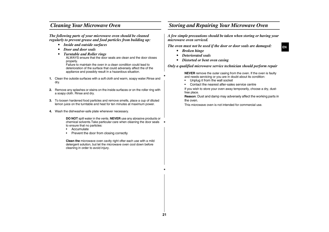 Samsung GW76N-SX/XEH, GW76N-B/XET, GW76N-SP/XEH Cleaning Your Microwave Oven, Storing and Repairing Your Microwave Oven 