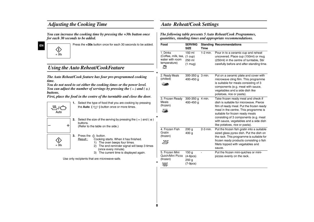 Samsung GW76N-S/XEO manual Adjusting the Cooking Time Auto Reheat/Cook Settings, Using the Auto Reheat/CookFeature, Food 