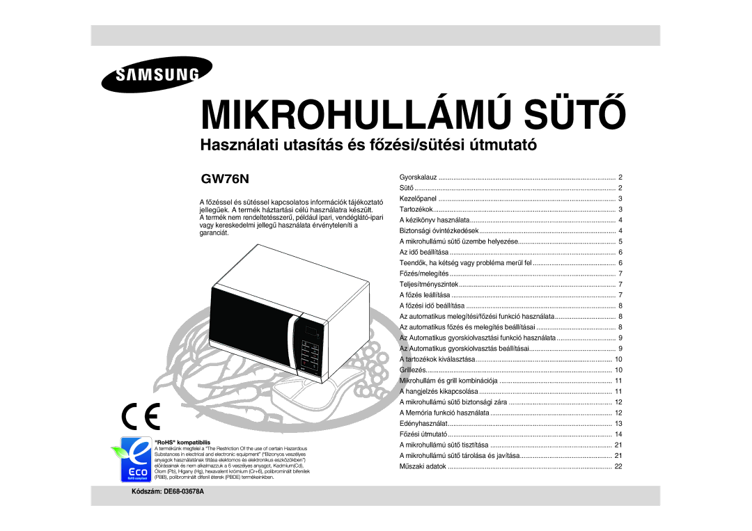 Samsung GW76N-SP/XEH, GW76N-B/XET, GW76N-S/XEO, GW76N-SX/XEH, GW76N/XEO, GW76N/XEH manual Mikrohullámú Sütő 