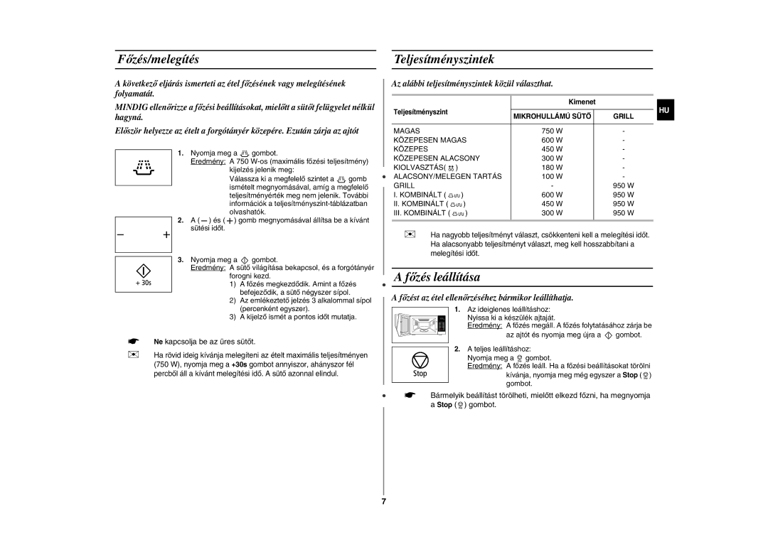 Samsung GW76N-SP/XEH, GW76N-B/XET, GW76N-S/XEO, GW76N-SX/XEH manual Főzés/melegítés, Teljesítményszintek, Főzés leállítása 