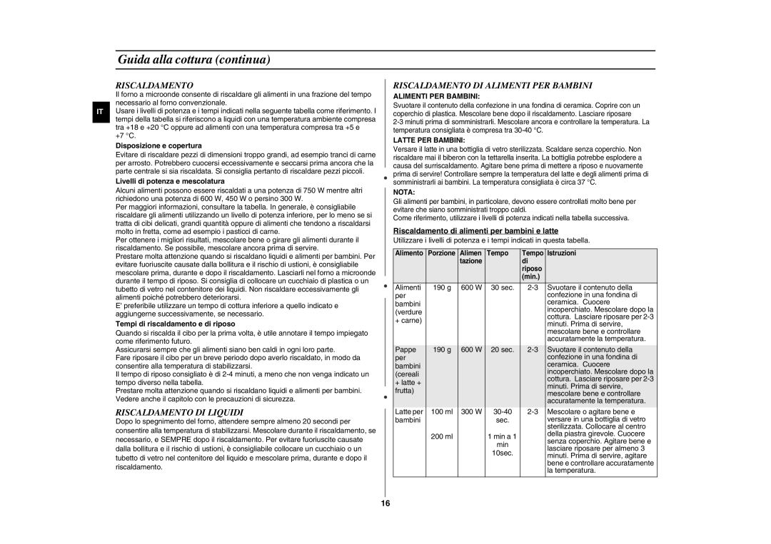 Samsung GW76N-B/XET manual Riscaldamento DI Liquidi, Riscaldamento DI Alimenti PER Bambini 