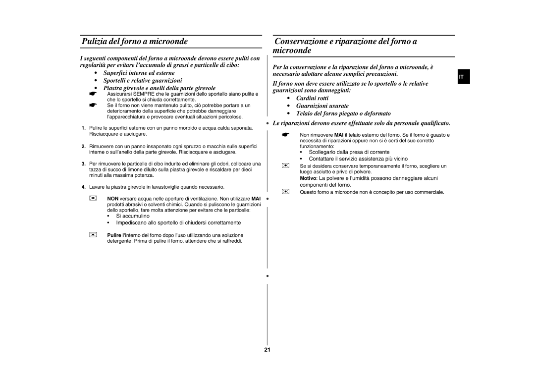Samsung GW76N-B/XET manual Pulizia del forno a microonde, Conservazione e riparazione del forno a microonde 