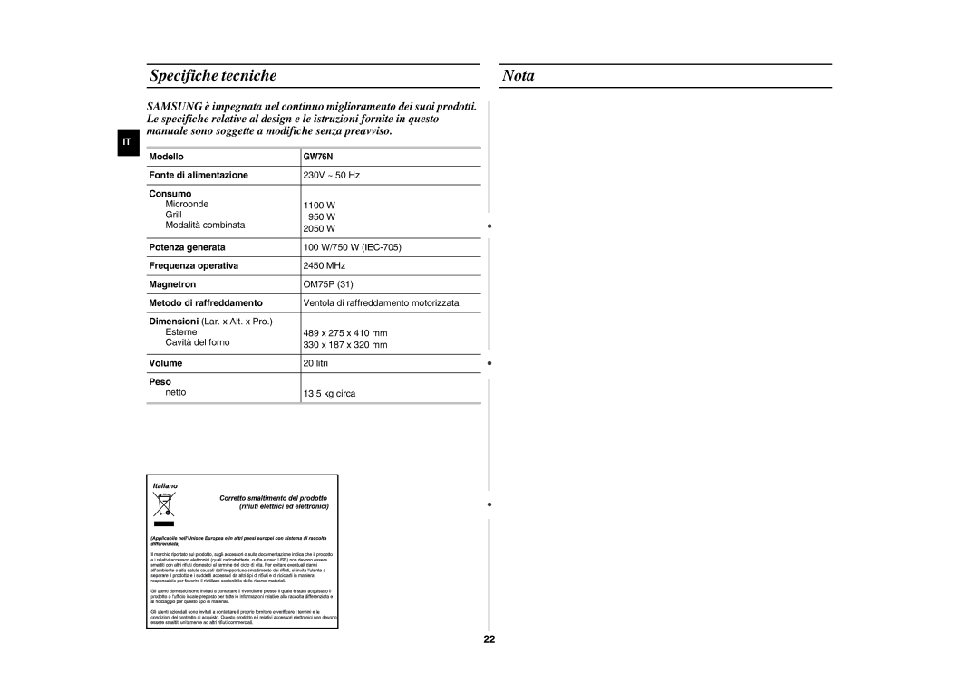 Samsung GW76N-B/XET manual Specifiche tecniche Nota 