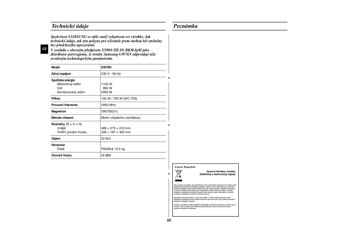 Samsung GW76N-SP/XEH manual Technické údaje Poznámka, Úroveň hluku 