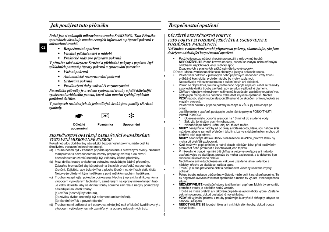 Samsung GW76N-SP/XEH manual Jak používat tuto příručku, Bezpečnostní opatření, DůležitéPoznámka Upozornění upozornění 