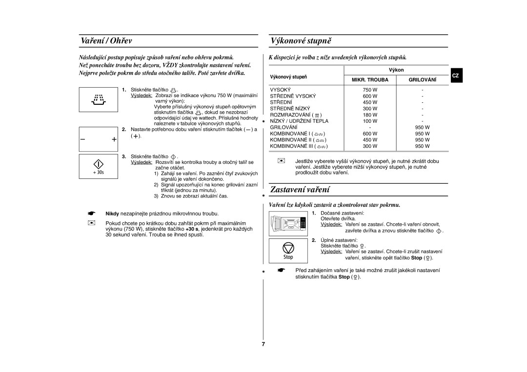 Samsung GW76N-SP/XEH manual Vaření / Ohřev, Výkonové stupně, Zastavení vaření 