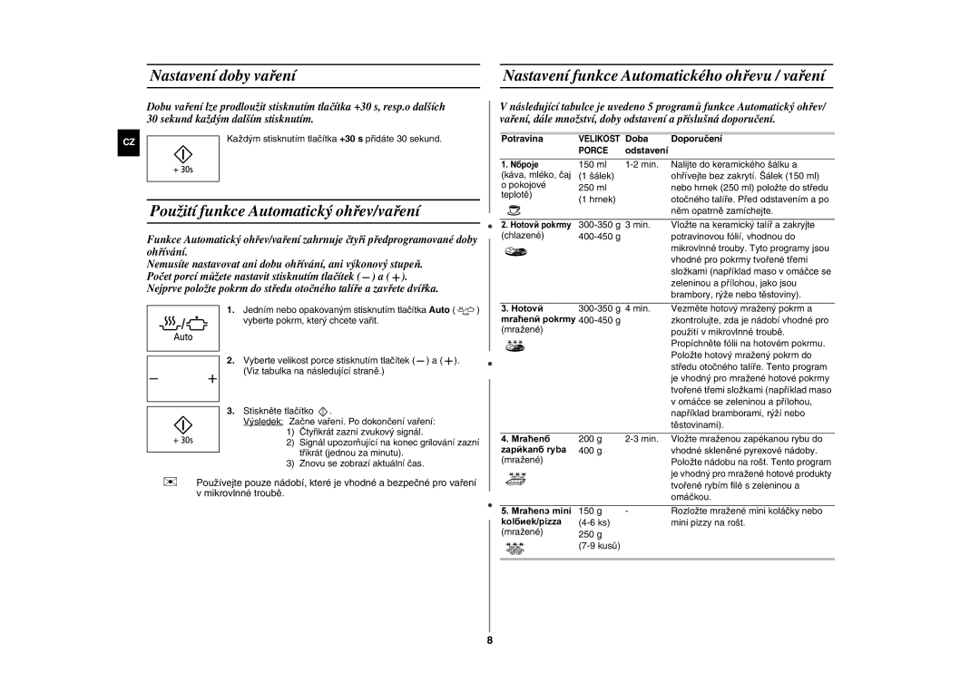 Samsung GW76N-SP/XEH manual Nastavení doby vaření, Použití funkce Automatický ohřev/vaření, Potravina, Doporučení 