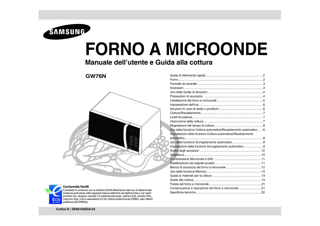 Samsung GW76N-SS/XET manual Forno a Microonde, Codice N. DE68-03650A-02 