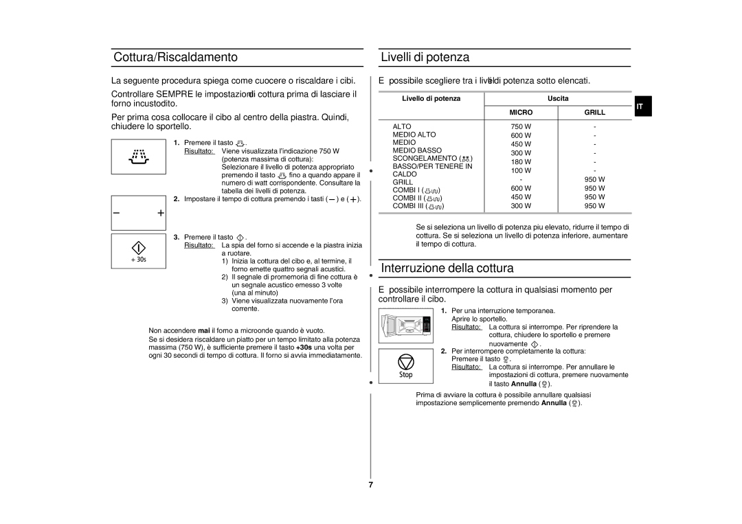 Samsung GW76N-SS/XET manual Cottura/Riscaldamento Livelli di potenza, Interruzione della cottura, Livello di potenza Uscita 