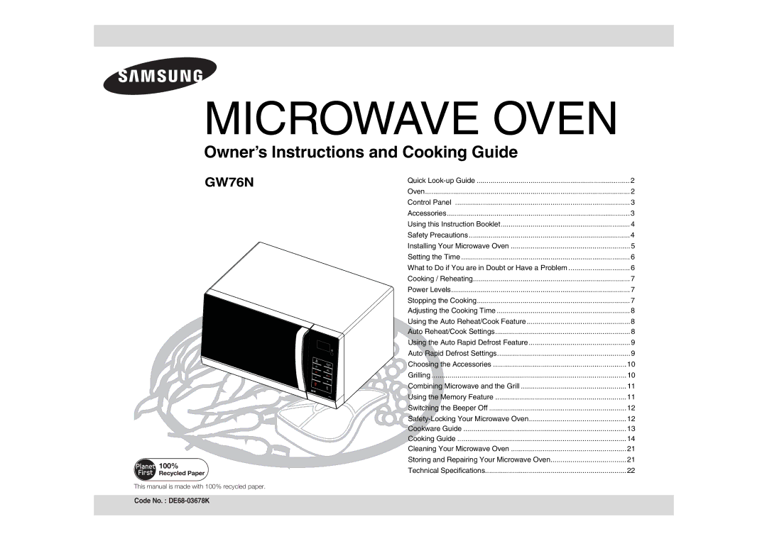 Samsung GW76N-S/ELE, GW76N-S/XEC manual Microwave Oven 