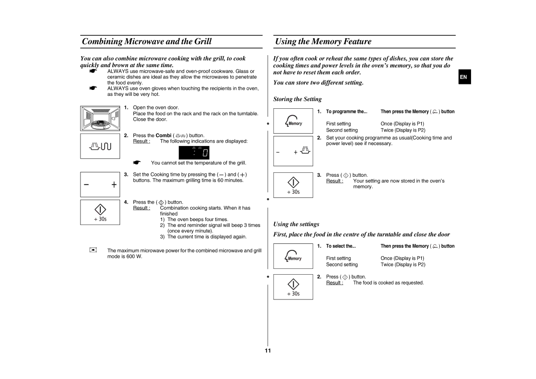 Samsung GW76N-S/ELE, GW76N-S/XEC manual Combining Microwave and the Grill, Using the Memory Feature 