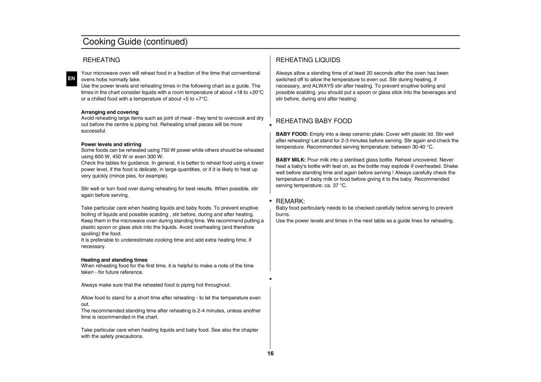 Samsung GW76N-S/XEC, GW76N-S/ELE manual Reheating Liquids, Reheating Baby Food, Remark 