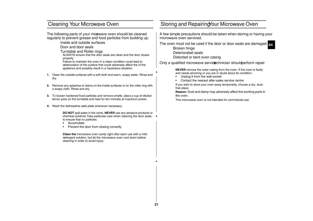 Samsung GW76N-S/ELE, GW76N-S/XEC manual Cleaning Your Microwave Oven, Storing and Repairing Your Microwave Oven 