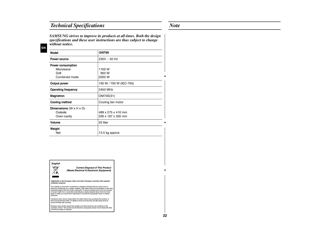 Samsung GW76N-S/XEC, GW76N-S/ELE manual Technical Specifications, Dimensions W x H x D 