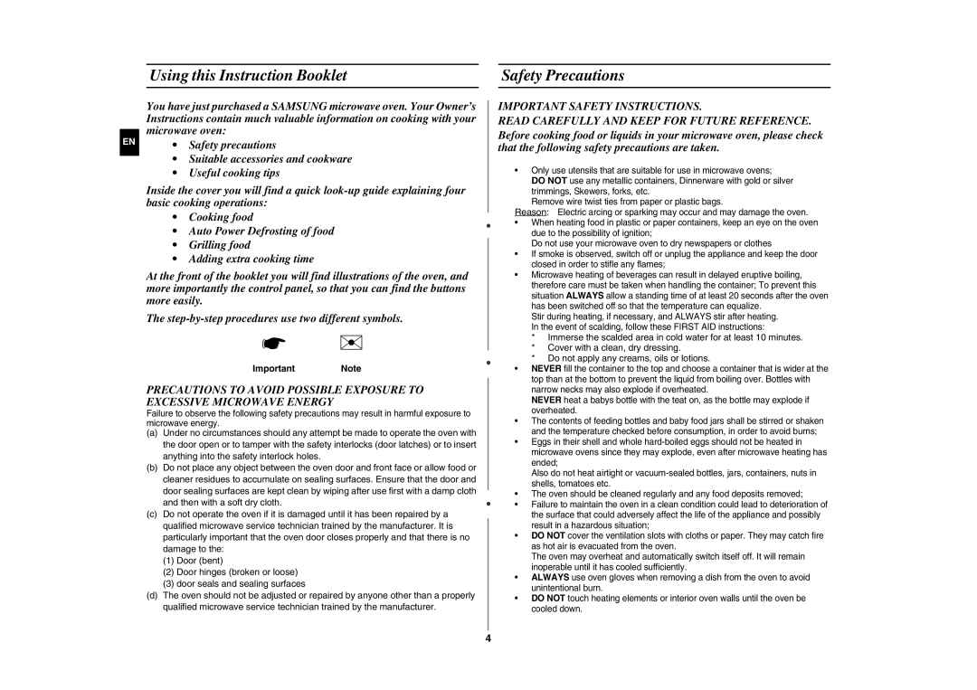 Samsung GW76N-S/XEC, GW76N-S/ELE manual Using this Instruction Booklet, Safety Precautions, Important Note 