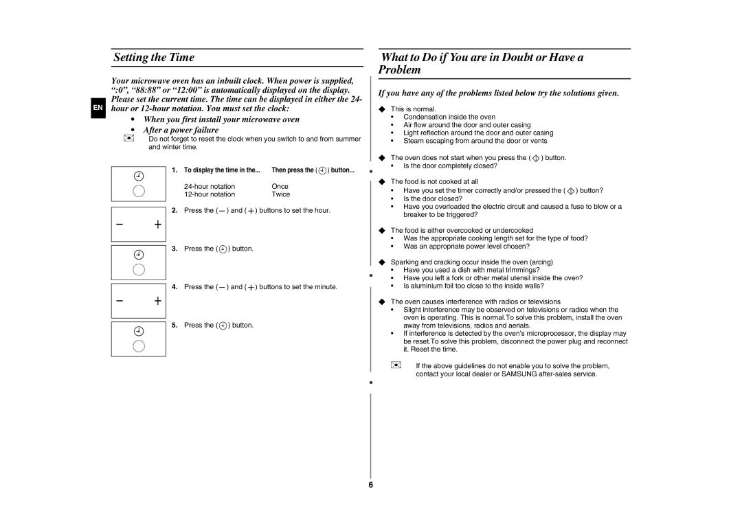 Samsung GW76N-S/XEC, GW76N-S/ELE manual Setting the Time, What to Do if You are in Doubt or Have a Problem 