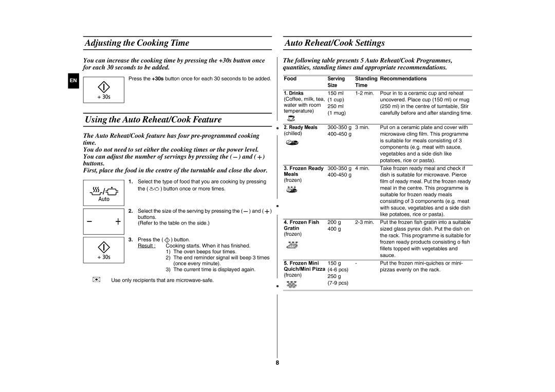 Samsung GW76N-S/XEC manual Adjusting the Cooking Time Auto Reheat/Cook Settings, Using the Auto Reheat/Cook Feature, Food 