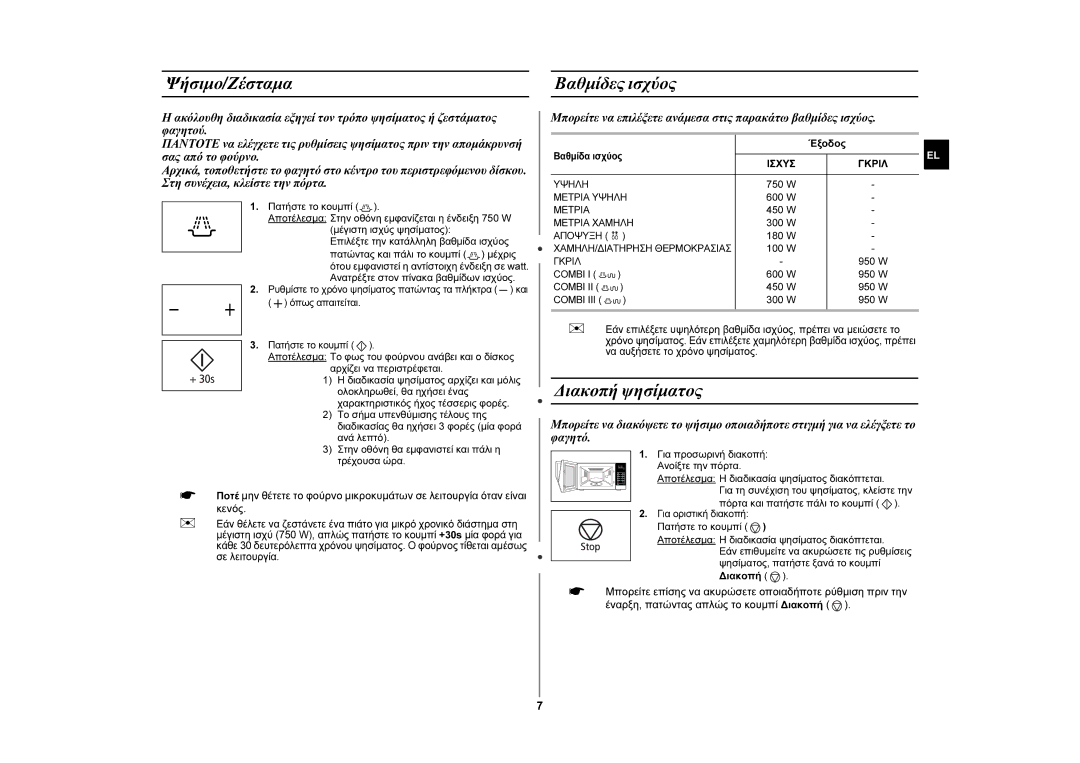 Samsung GW76N-S/ELE, GW76N-S/XEC manual Ψήσιμο/Ζέσταμα Βαθμίδες ισχύος, Διακοπή ψησίματος, Γκριλ 