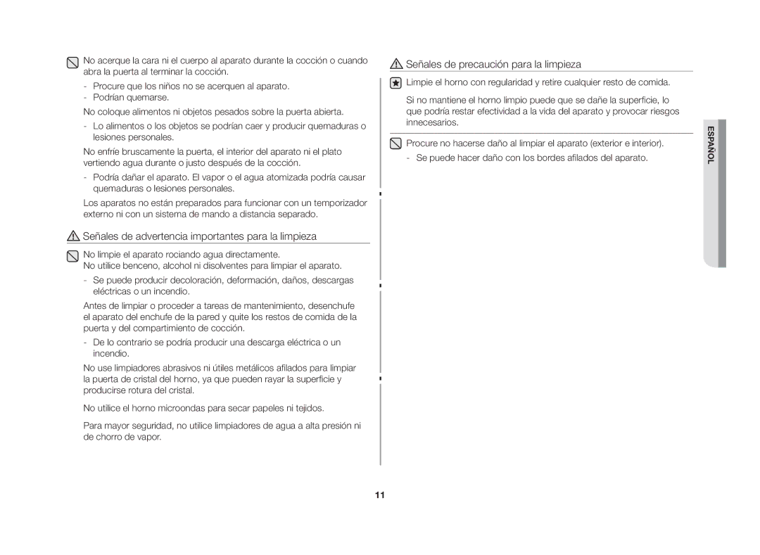 Samsung GW76N-S/XEC manual Señales de advertencia importantes para la limpieza, Señales de precaución para la limpieza 