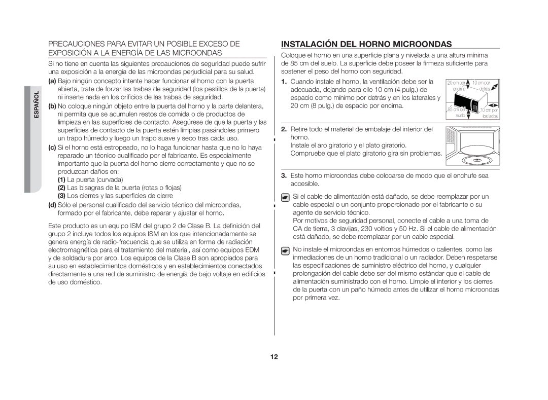 Samsung GW76N-S/XEU, GW76N-S/XEC manual Instalación del horno microondas 