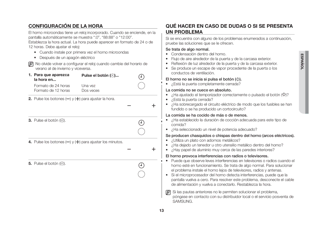 Samsung GW76N-S/XEC, GW76N-S/XEU manual Configuración de la hora, Qué hacer en caso de dudas o si se presenta un problema 