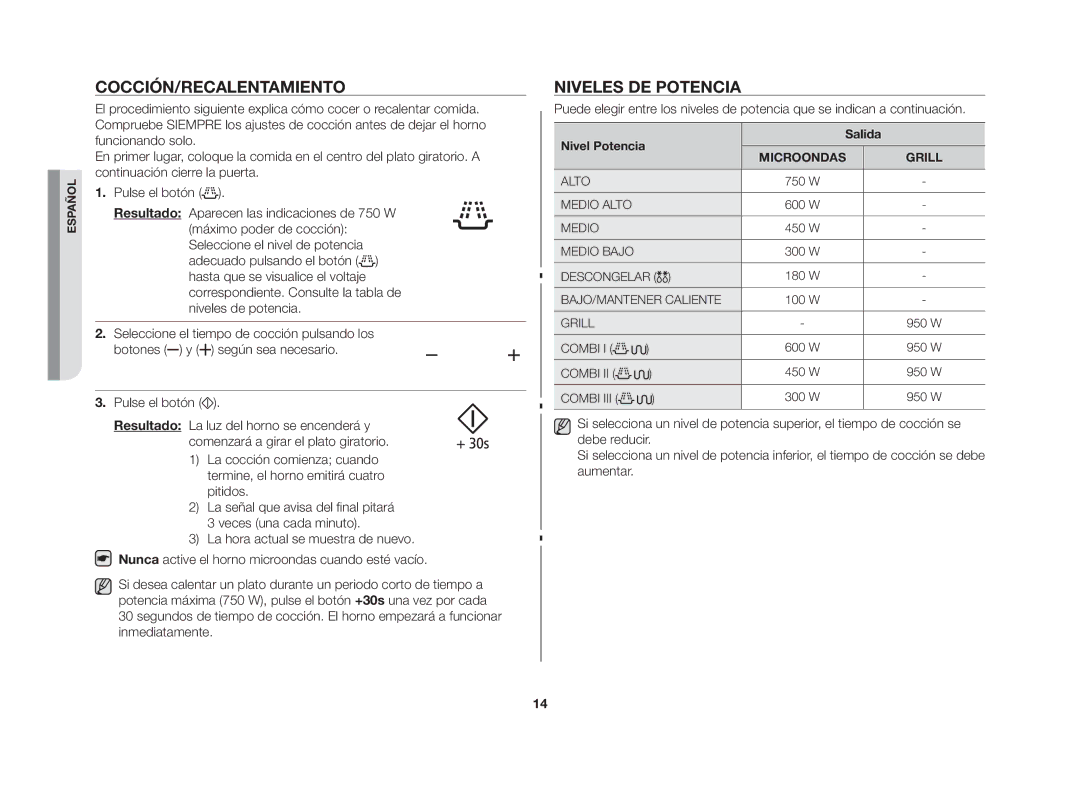 Samsung GW76N-S/XEU, GW76N-S/XEC manual Cocción/Recalentamiento, Niveles de potencia, Salida 