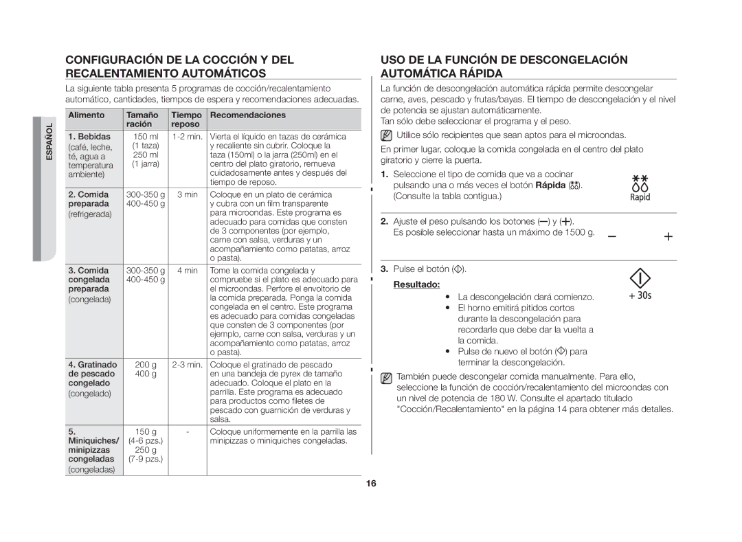 Samsung GW76N-S/XEU Uso de la función de descongelación automática rápida, Alimento Tamaño Tiempo Recomendaciones Ración 