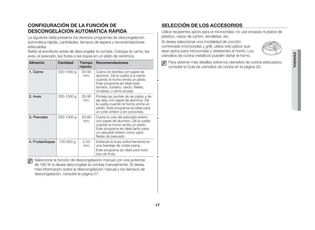 Samsung GW76N-S/XEC, GW76N-S/XEU manual Selección de los accesorios, Utensilios de cocina metálicos pueden dañar el horno 