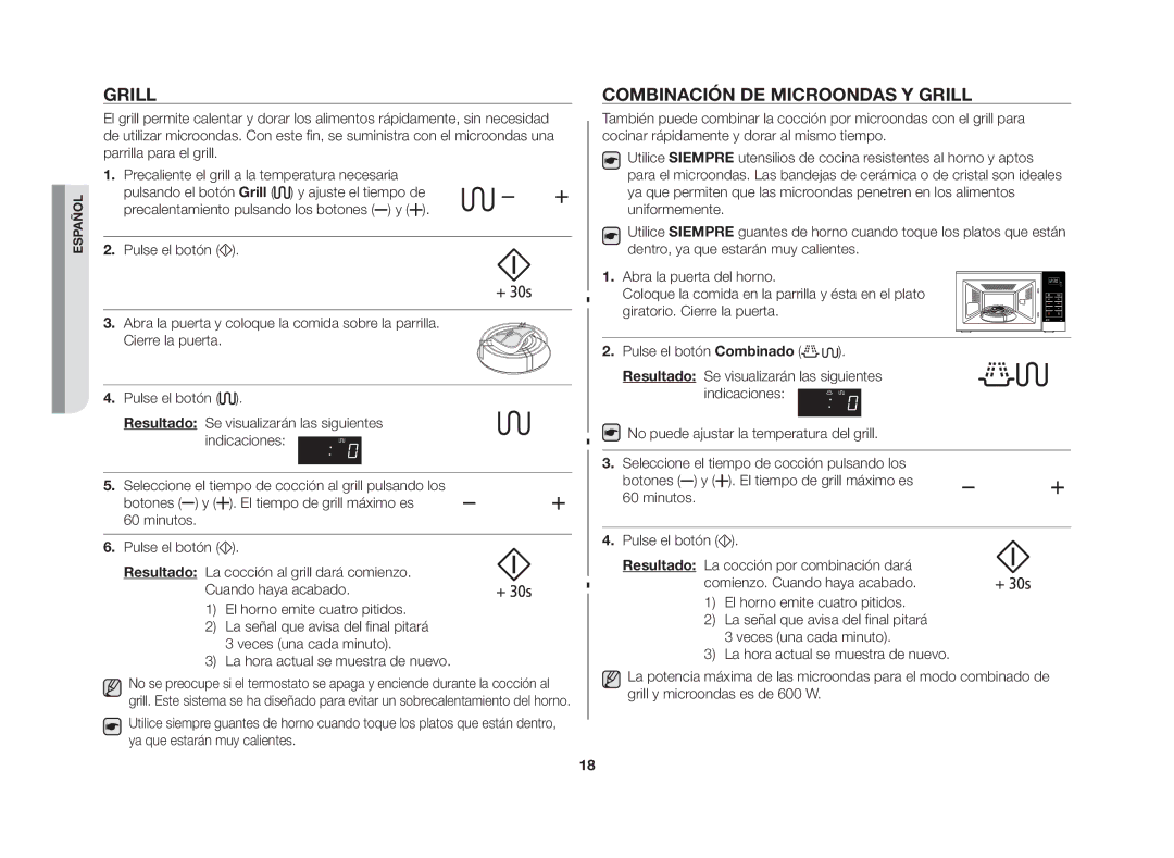 Samsung GW76N-S/XEU, GW76N-S/XEC manual Combinación de microondas y grill, Pulsando el botón Grill y ajuste el tiempo de 