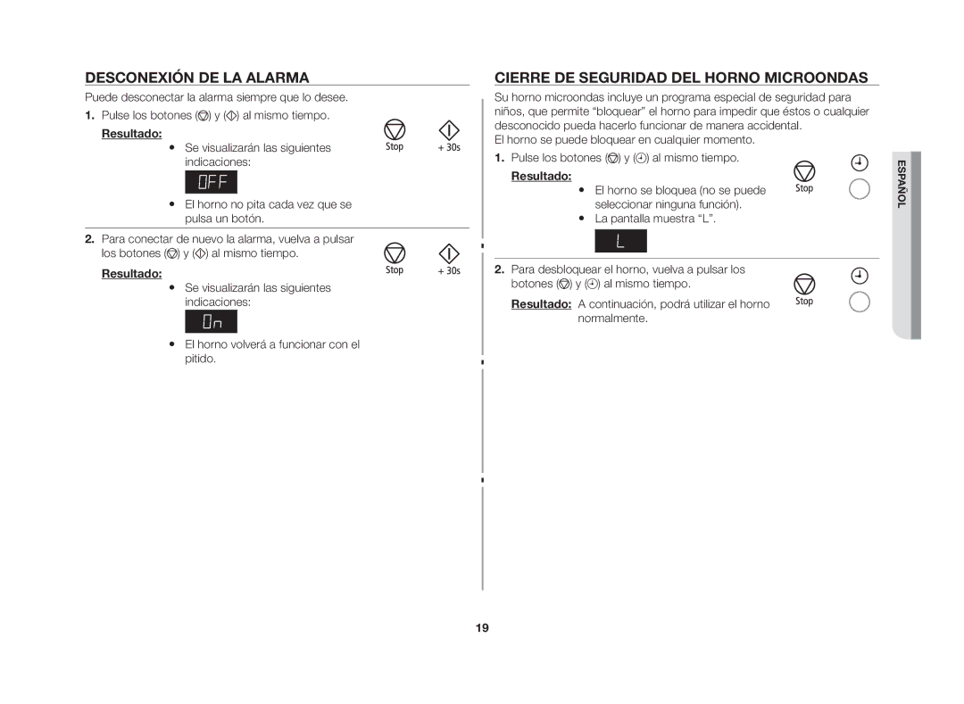 Samsung GW76N-S/XEC, GW76N-S/XEU manual Desconexión de la alarma, Cierre de seguridad del horno microondas 