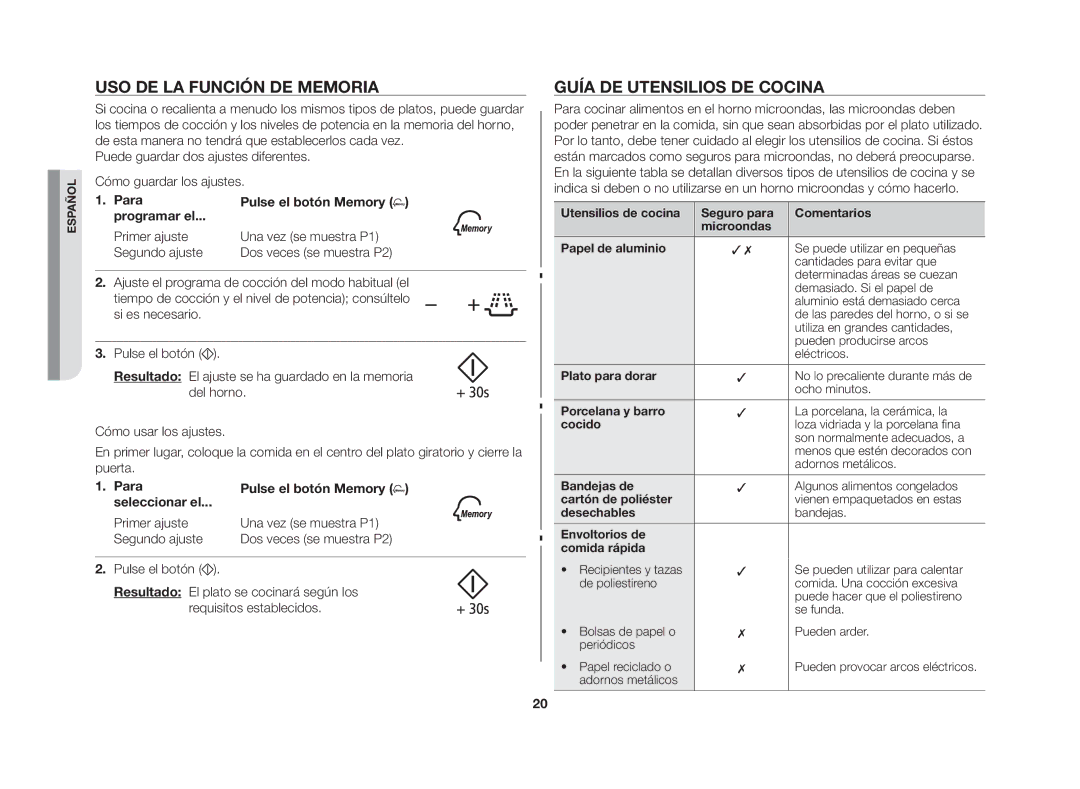 Samsung GW76N-S/XEU, GW76N-S/XEC manual Uso de la función de memoria, Guía de utensilios de cocina 