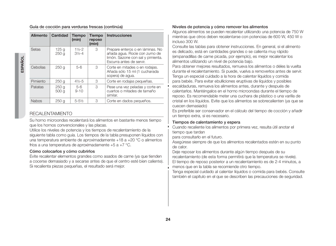 Samsung GW76N-S/XEU, GW76N-S/XEC manual Recalentamiento, Guía de cocción para verduras frescas continúa 