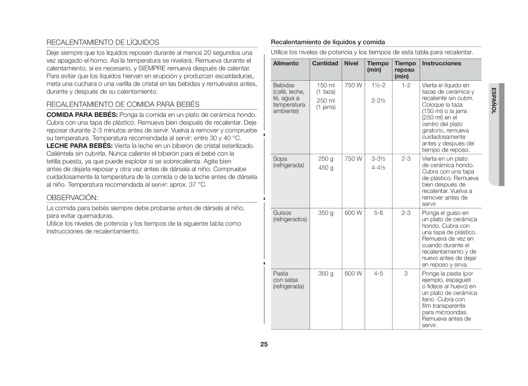 Samsung GW76N-S/XEC, GW76N-S/XEU manual Recalentamiento DE Líquidos, Recalentamiento DE Comida Para Bebés, Observación 