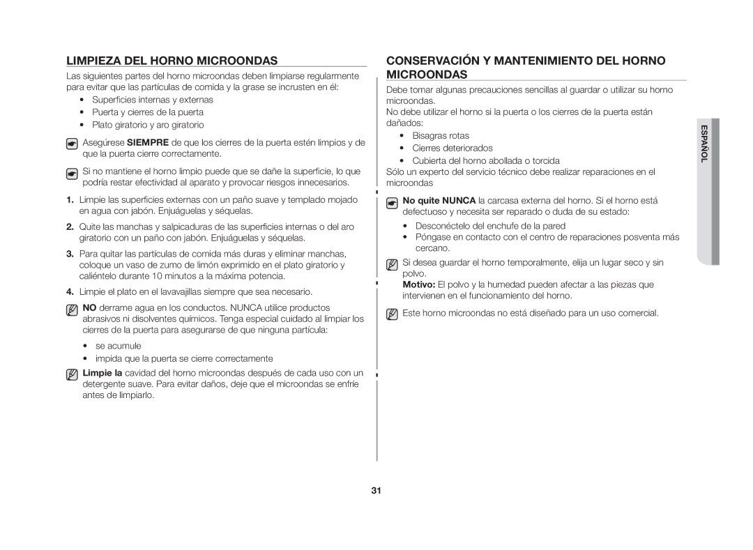 Samsung GW76N-S/XEC, GW76N-S/XEU manual Limpieza del horno microondas, Conservación y mantenimiento del horno microondas 