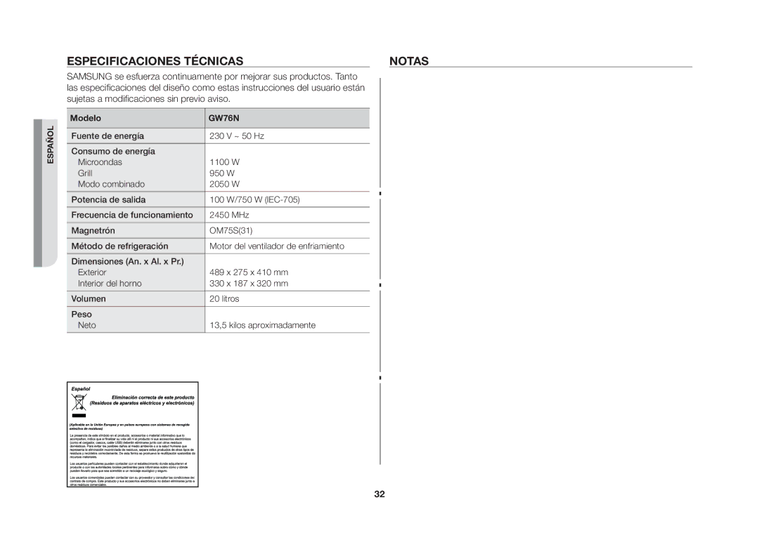 Samsung GW76N-S/XEU, GW76N-S/XEC manual Especificaciones técnicas Notas, Sujetas a modificaciones sin previo aviso, Modelo 