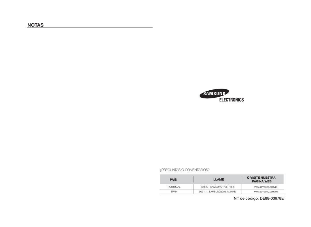 Samsung GW76N-S/XEU, GW76N-S/XEC manual De código DE68-03678E 