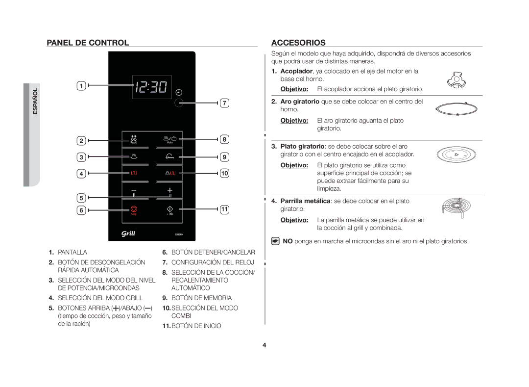 Samsung GW76N-S/XEU, GW76N-S/XEC manual Panel de control, Accesorios, De la ración 