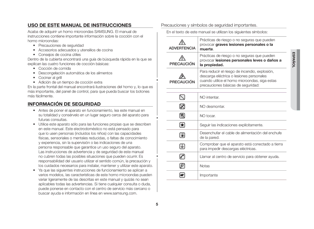 Samsung GW76N-S/XEC, GW76N-S/XEU Uso de este manual de instrucciones, Información de seguridad 