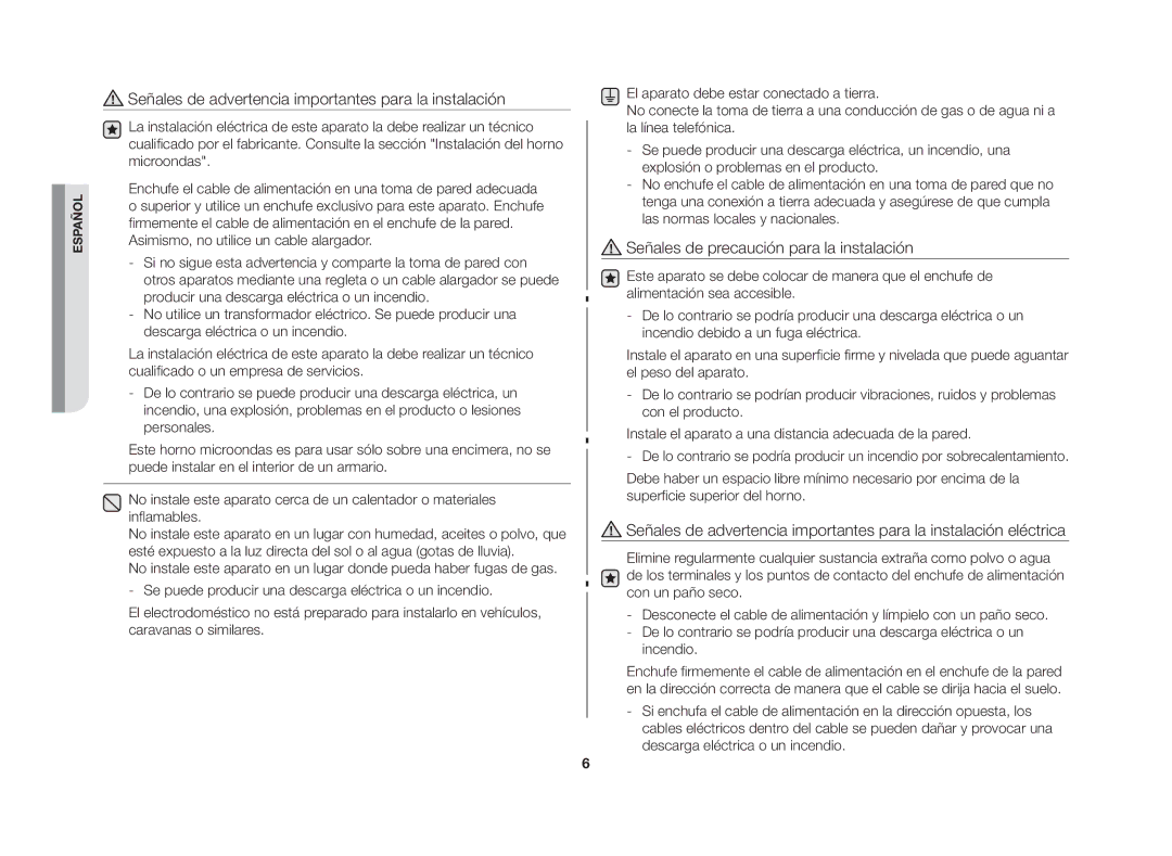 Samsung GW76N-S/XEU Señales de advertencia importantes para la instalación, Señales de precaución para la instalación 