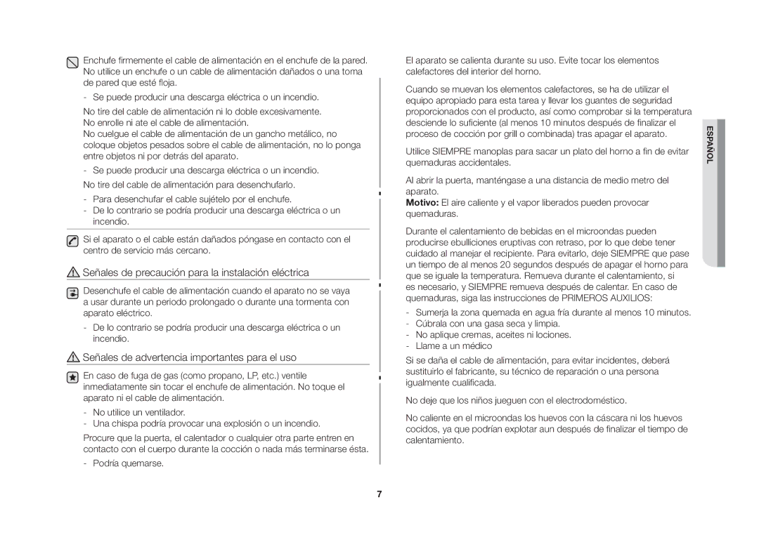 Samsung GW76N-S/XEC Señales de precaución para la instalación eléctrica, Señales de advertencia importantes para el uso 