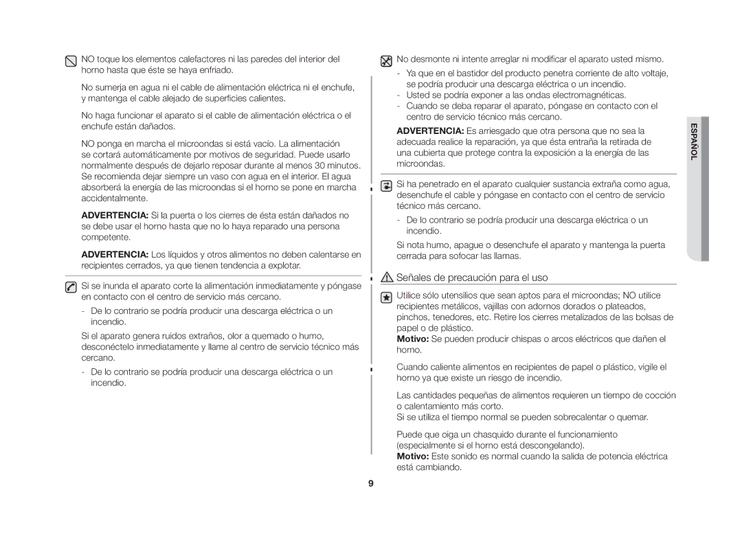 Samsung GW76N-S/XEC, GW76N-S/XEU manual Señales de precaución para el uso 