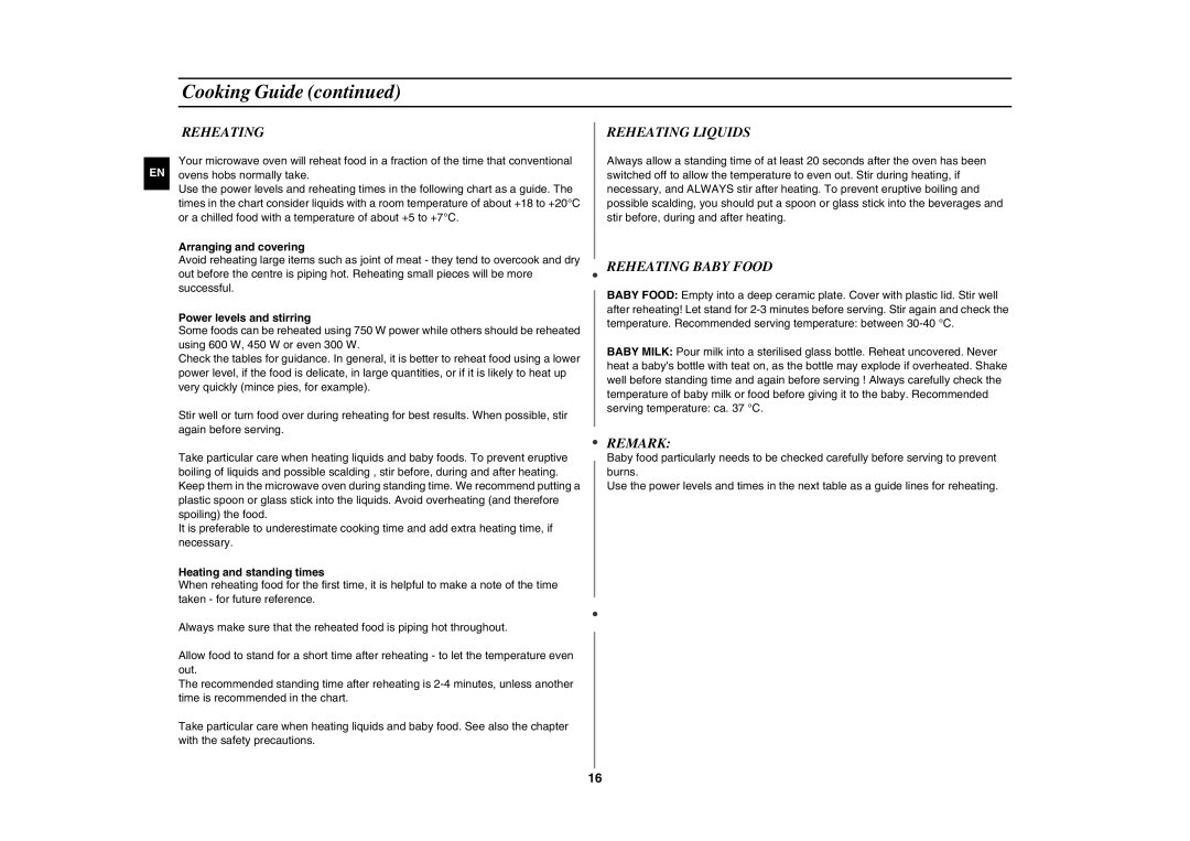 Samsung GW76NM/BOL, GW76NM-X/XEO manual Reheating Liquids, Reheating Baby Food, Remark 