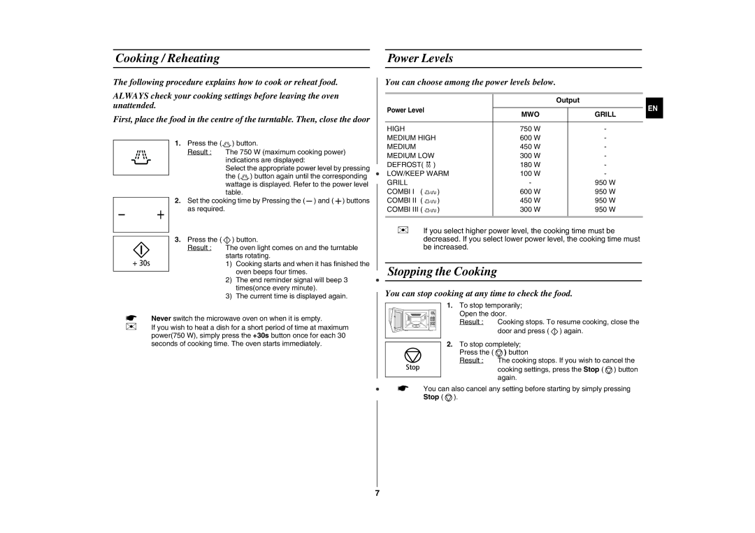 Samsung GW76NM/BOL, GW76NM-X/XEO manual Cooking / Reheating Power Levels, Stopping the Cooking, Output 