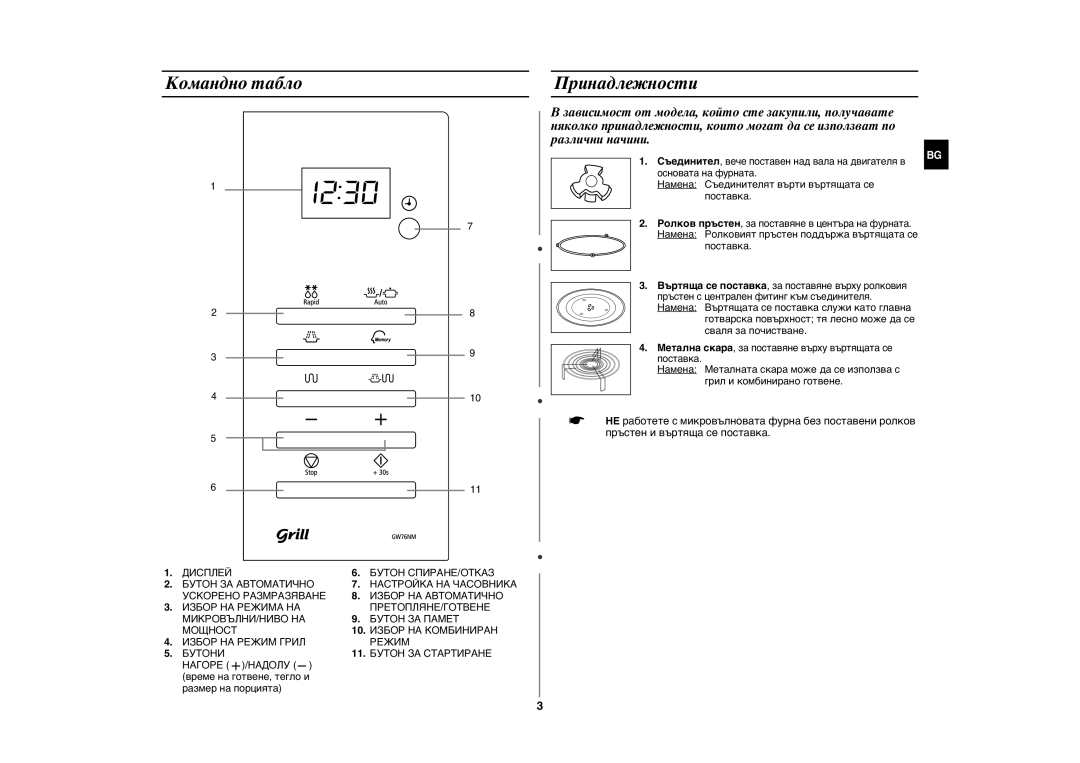 Samsung GW76NM/BOL manual Командно табло, Принадлежности, Време на готвене, тегло и Размер на порцията 